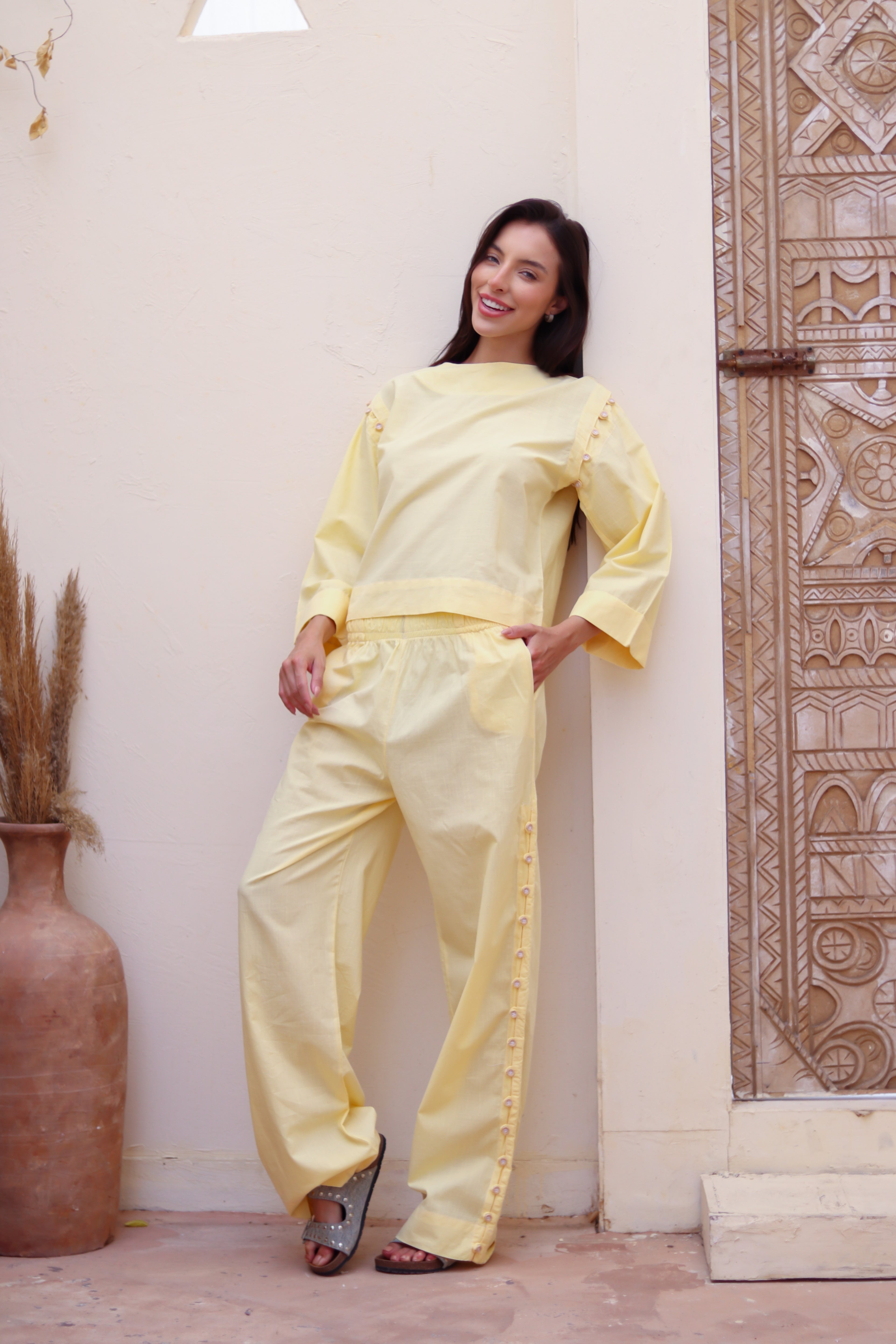 SIMA Side-Button Wide Leg Pants