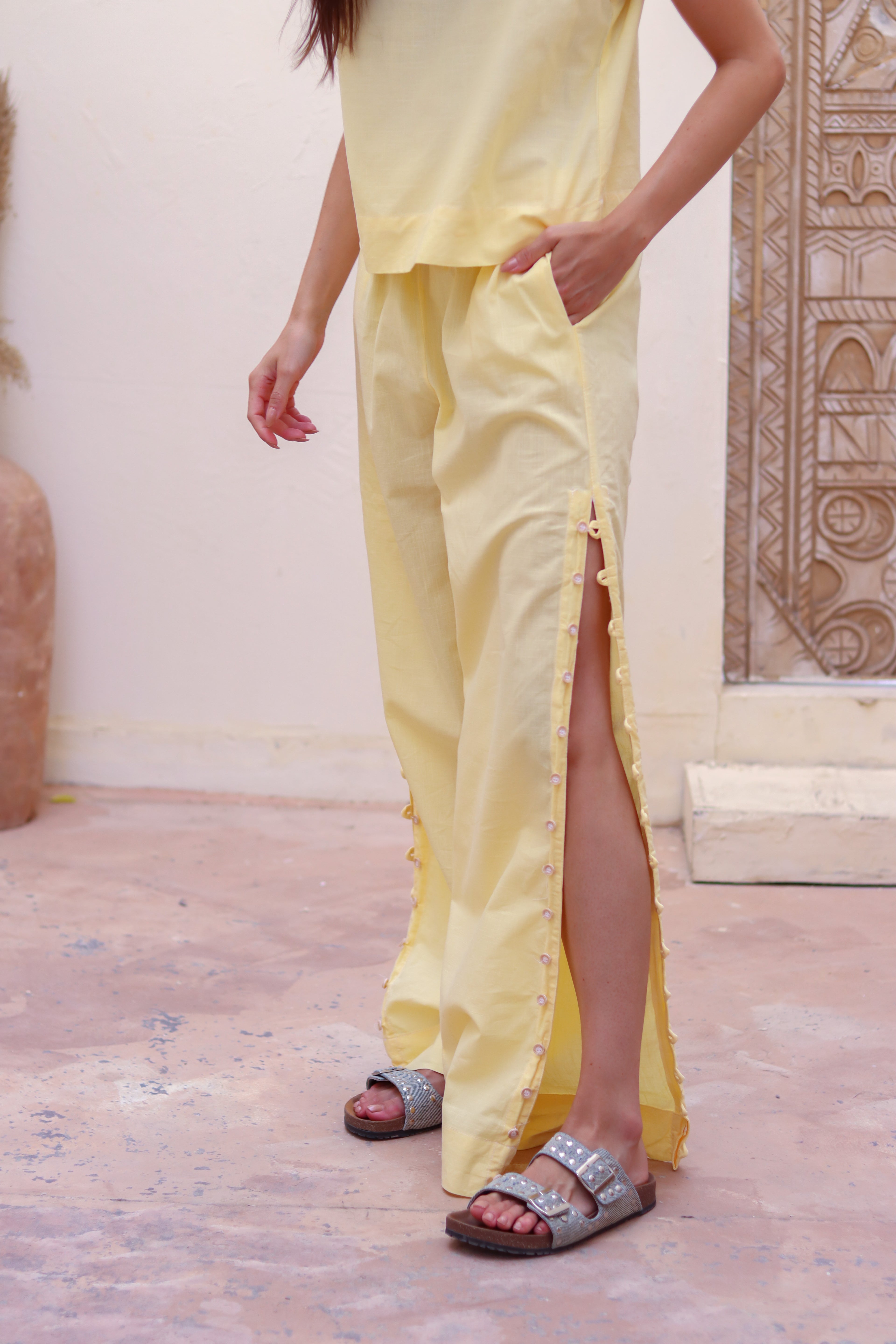 SIMA Side-Button Wide Leg Pants