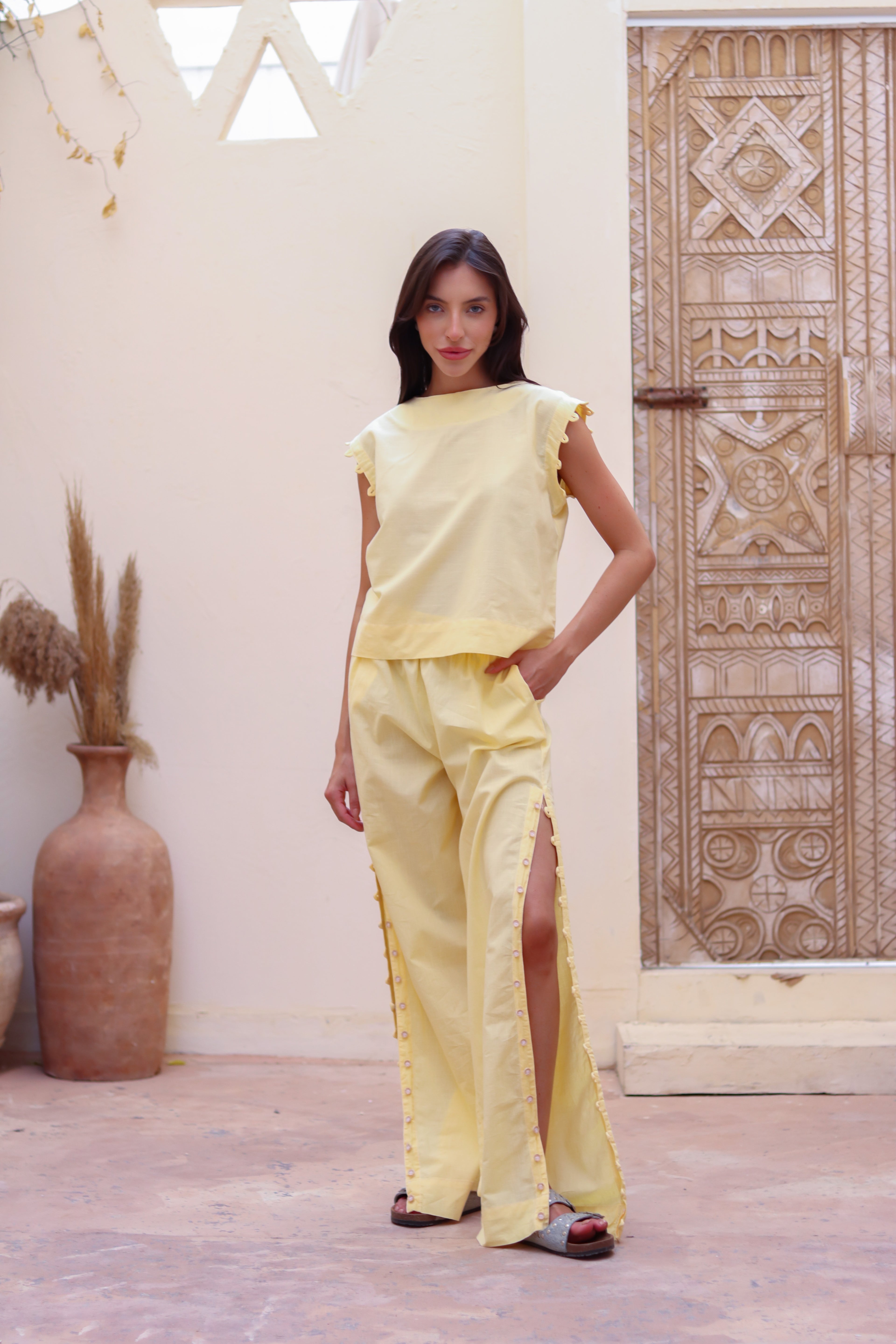 SIMA Side-Button Wide Leg Pants